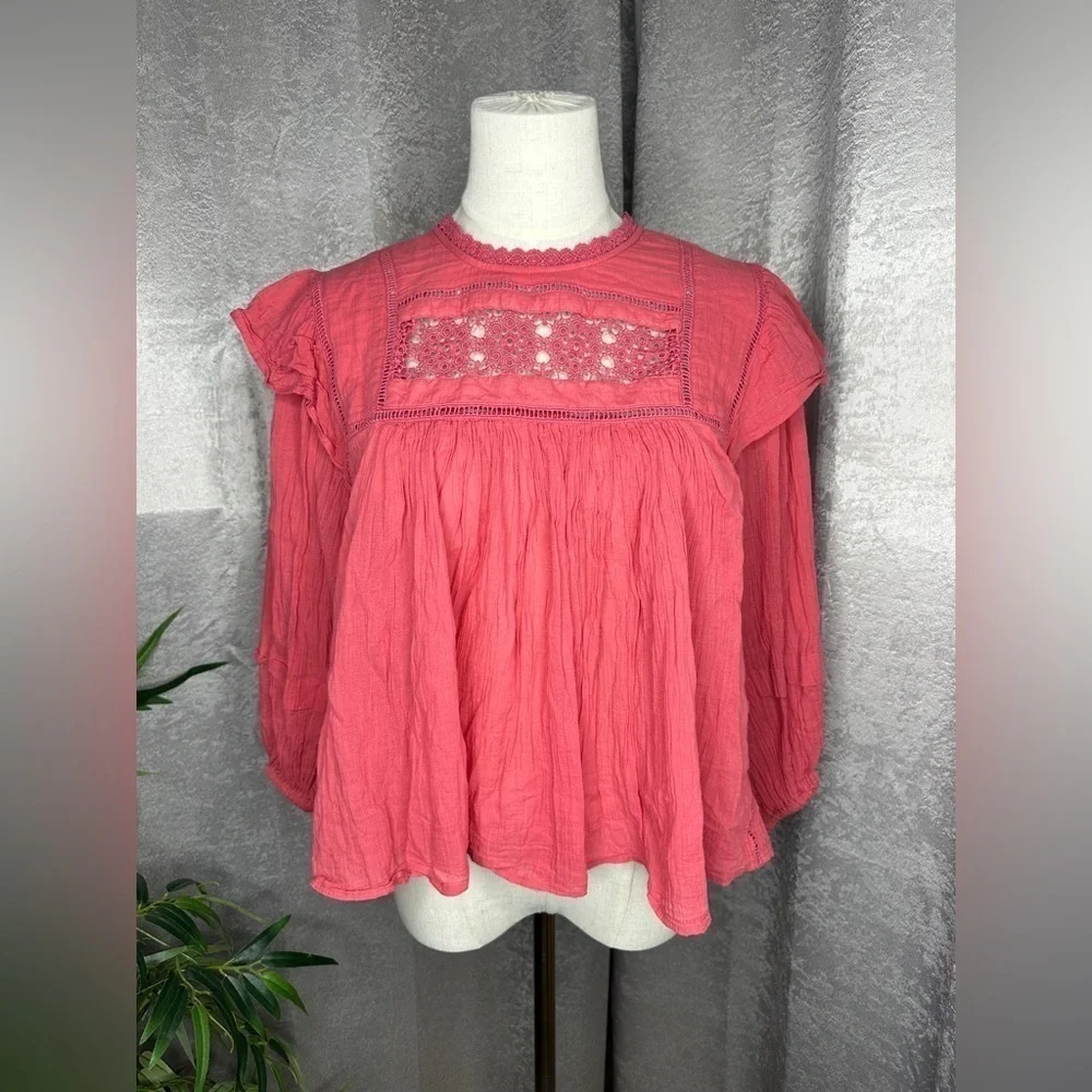 Free People Women’s Boho Flora Ruffle Oversized Crochet Top Salmon Pink Sz M - Picture 3 of 13